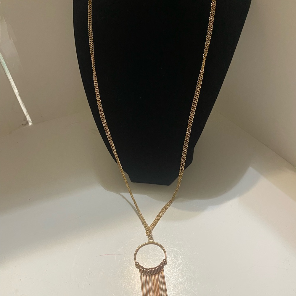 Gold Long Fringe Circle Pendant Necklace - Women Jewelry